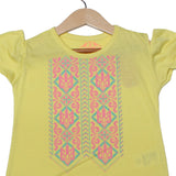 NEW YELLOW COLD SHOULDER DESIGN PRINTED T-SHIRT TOP FOR GIRLS