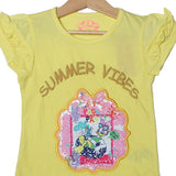 NEW YELLOW SUMMER VIBES PATCH PRINTED T-SHIRT TOP FOR GIRLS