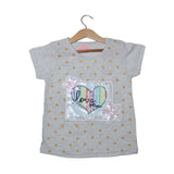 NEW LIGHT GREY HEARTS PATCH PRINTED T-SHIRT TOP FOR GIRLS