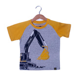 NEW GREY WITH YELLOW SLEEVES ESCAVATOR PRINTED T-SHIRT