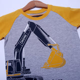 NEW GREY WITH YELLOW SLEEVES ESCAVATOR PRINTED T-SHIRT